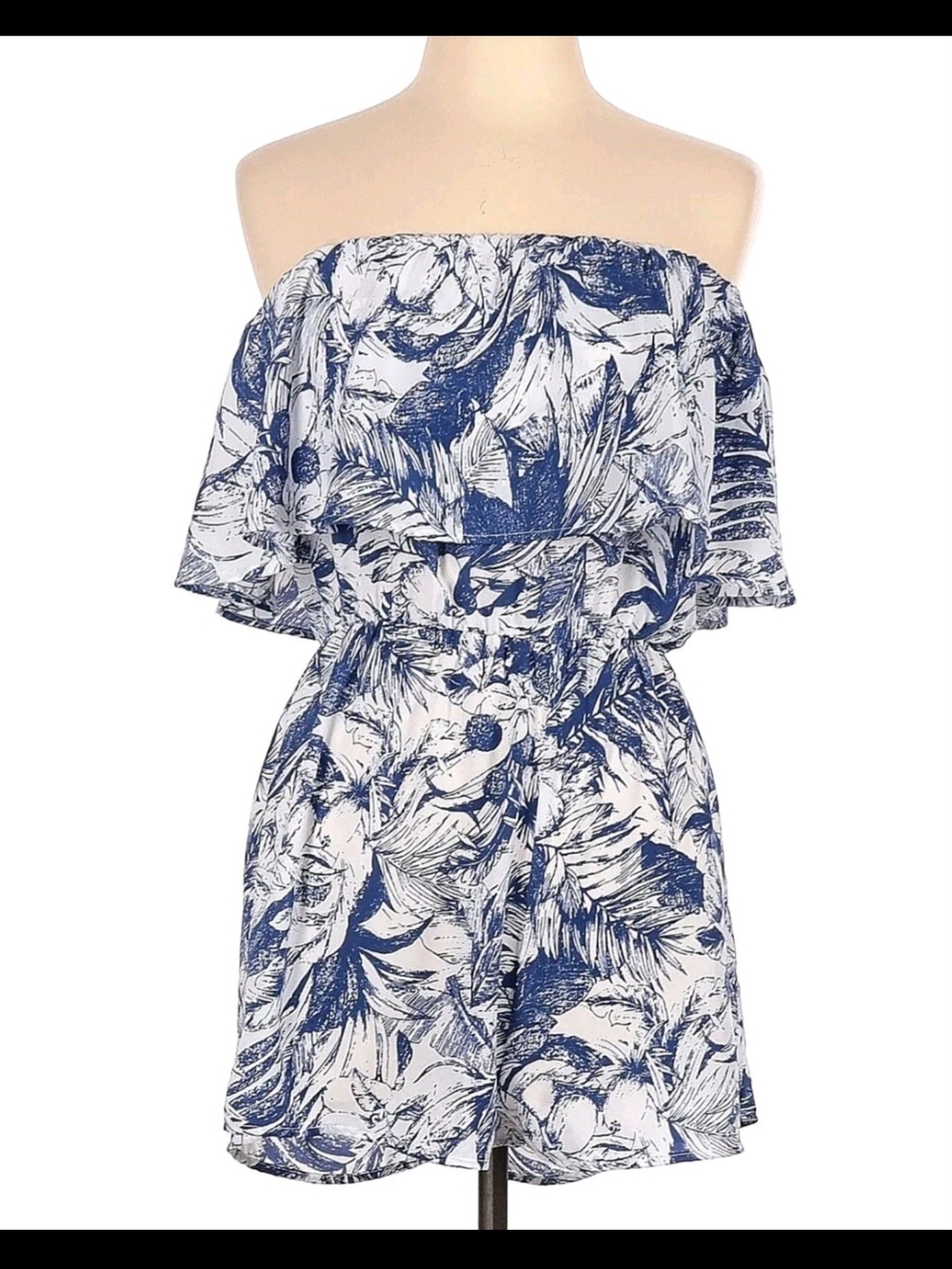 Etiquette Blue and White Strapless Tropical Romper